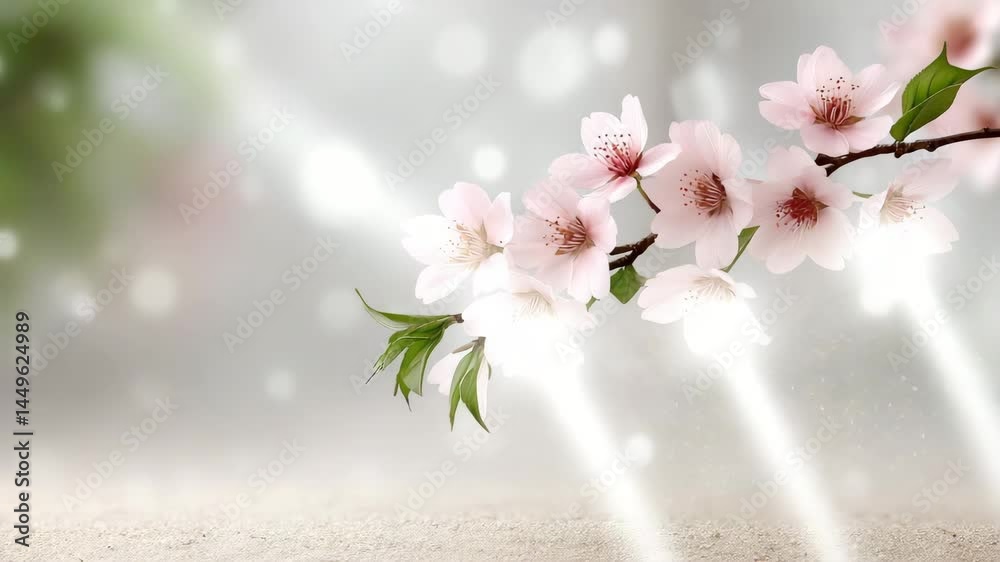 A delicate branch of pink cherry blossoms against a soft, blurred background with gentle bokeh light effects.