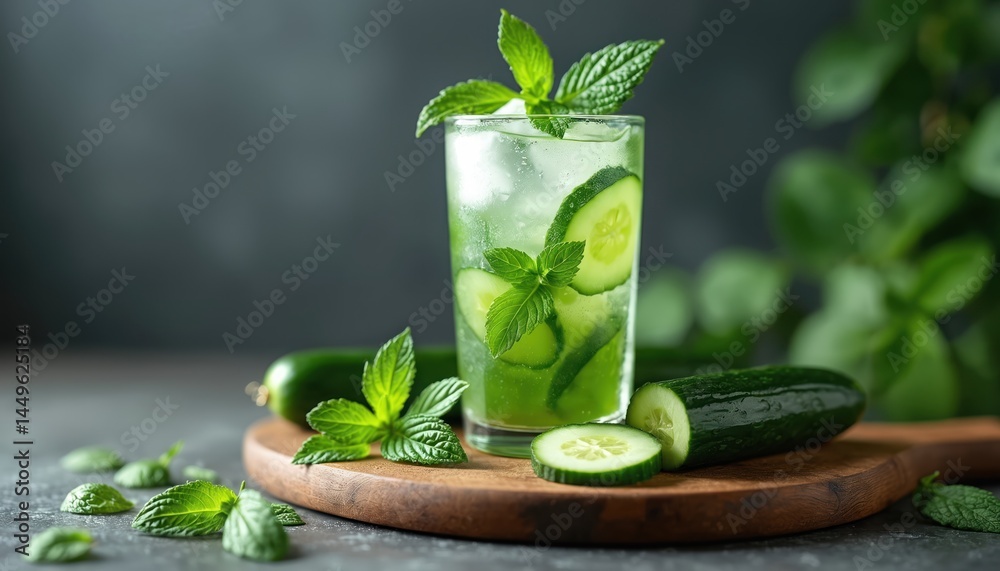 Refreshing cucumber mint drink with ice cubes. Cold drink with slices of cucumber and mint leaves. Detox beverage for hot summer. Ideal for restaurants, bars, healthy lifestyles, food, drinks.