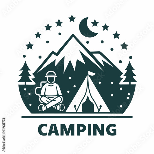 A person in camping under the stars image. Simple flat vector illustration.
