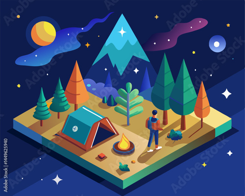 A person in camping under the stars image. Isometric style. Vector illustration.
