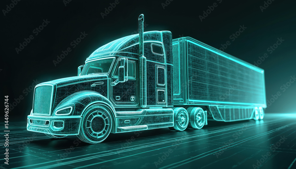 Futuristic illustration advanced transportation logistics technology. Semi-trailer truck represents modern road transport, autonomous driving, efficient freight. Logistic, shipping, delivery,