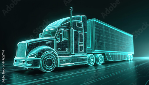 Obraz na płótnie Futuristic illustration advanced transportation logistics technology. Semi-trailer truck represents modern road transport, autonomous driving, efficient freight. Logistic, shipping, delivery, w salonie