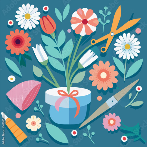 Bouquet and florist tools image. Cartoon vector illustration.