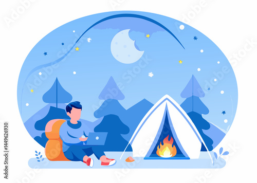 A person in camping under the stars image. Cartoon style. Vector illustration.