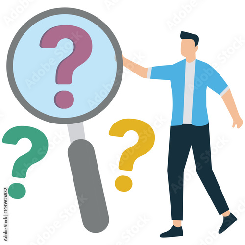 Businessman hold magnifying glass analyzing question mark to investigate and solve problem