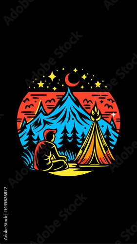 Hand drawn a person in camping under the stars colorful image. Vintage style. Vector illustration.
