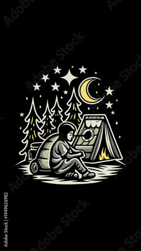 Hand drawn a person in camping under the stars colorful image. Vintage style. Vector illustration.