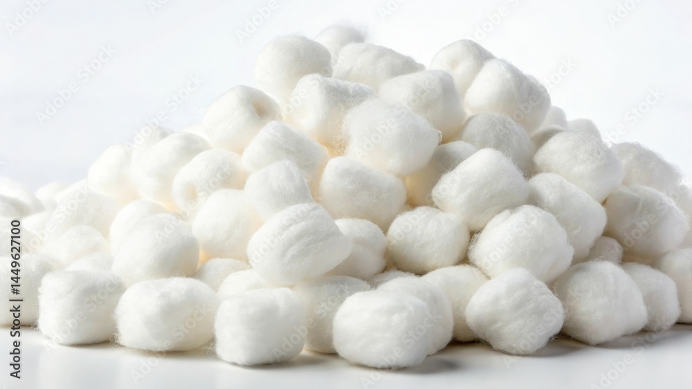 Fluffy cotton-like texture arranged in a heap on a smooth white surface Fluffy cotton-like texture arranged in a heap on a smooth white surface