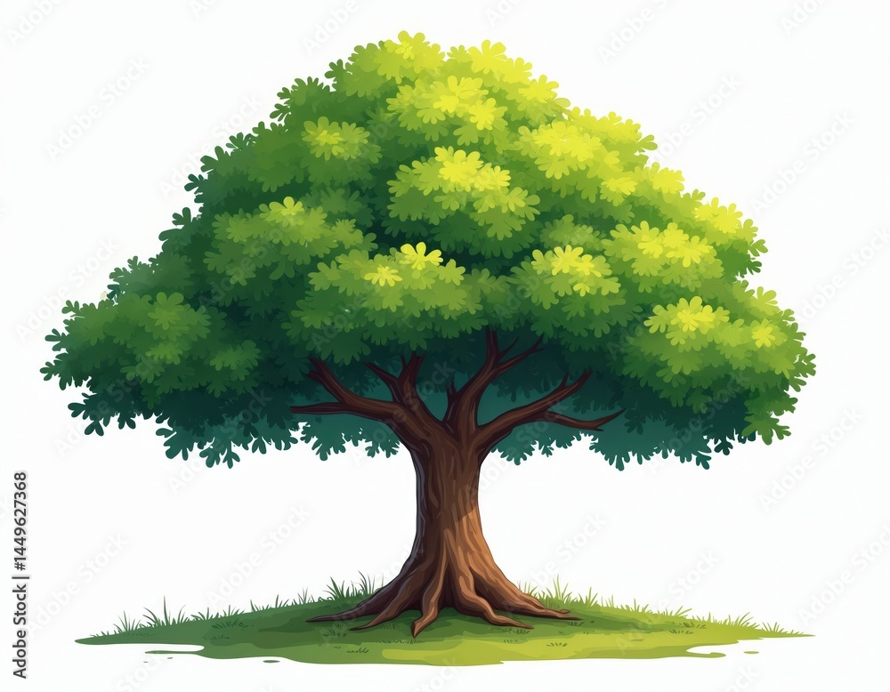 Illustration of green tree on white background. Tree with lush green foliage, strong trunk grows from grass. Isolated plant nature scene, ecology theme, forest, summer.
