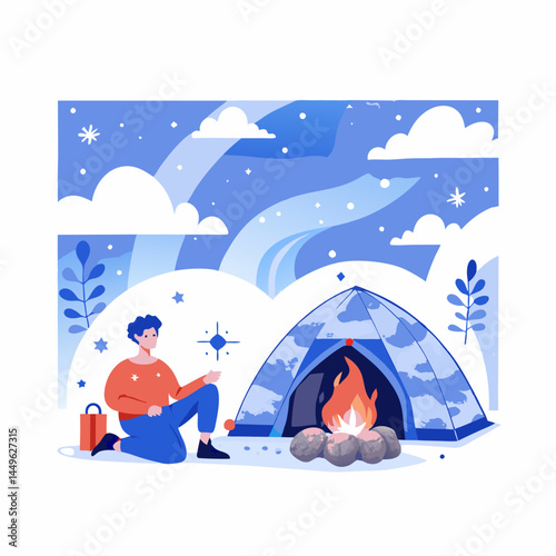 A person in camping under the stars image. Flat style. Vector illustration.