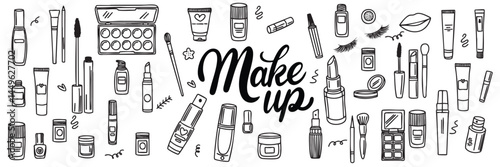 Big Collection of Make Up Elements in Doodle Style. Hand Drawn Vector Art. 
