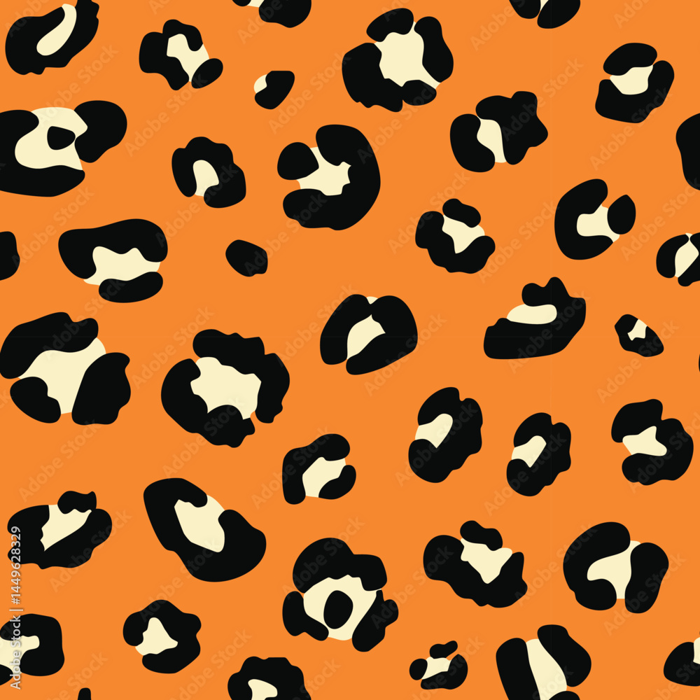 Fototapeta premium Leopard print pattern with black and beige spots on an orange background, creating a bold and exotic design