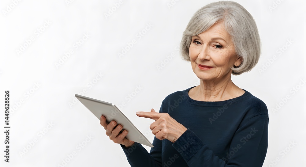 Senior woman pointing at tablet while standing on white background Senior woman pointing at tablet while standing on white background
