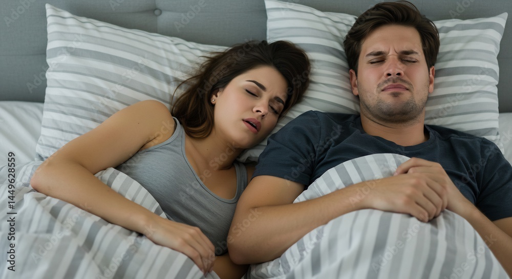 Annoyed Man Lying in Bed Next to a Sleeping Woman, Couple's Sleep Problems, Relationship Difficulties, Insomnia Annoyed Man Lying in Bed Next to a Sleeping Woman, Couple's Sleep Problems, Relationship Difficulties, Insomnia