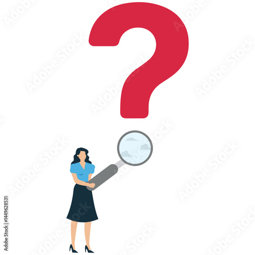 Curious businesswoman with large question mark peer through binocular searching for new business ideas