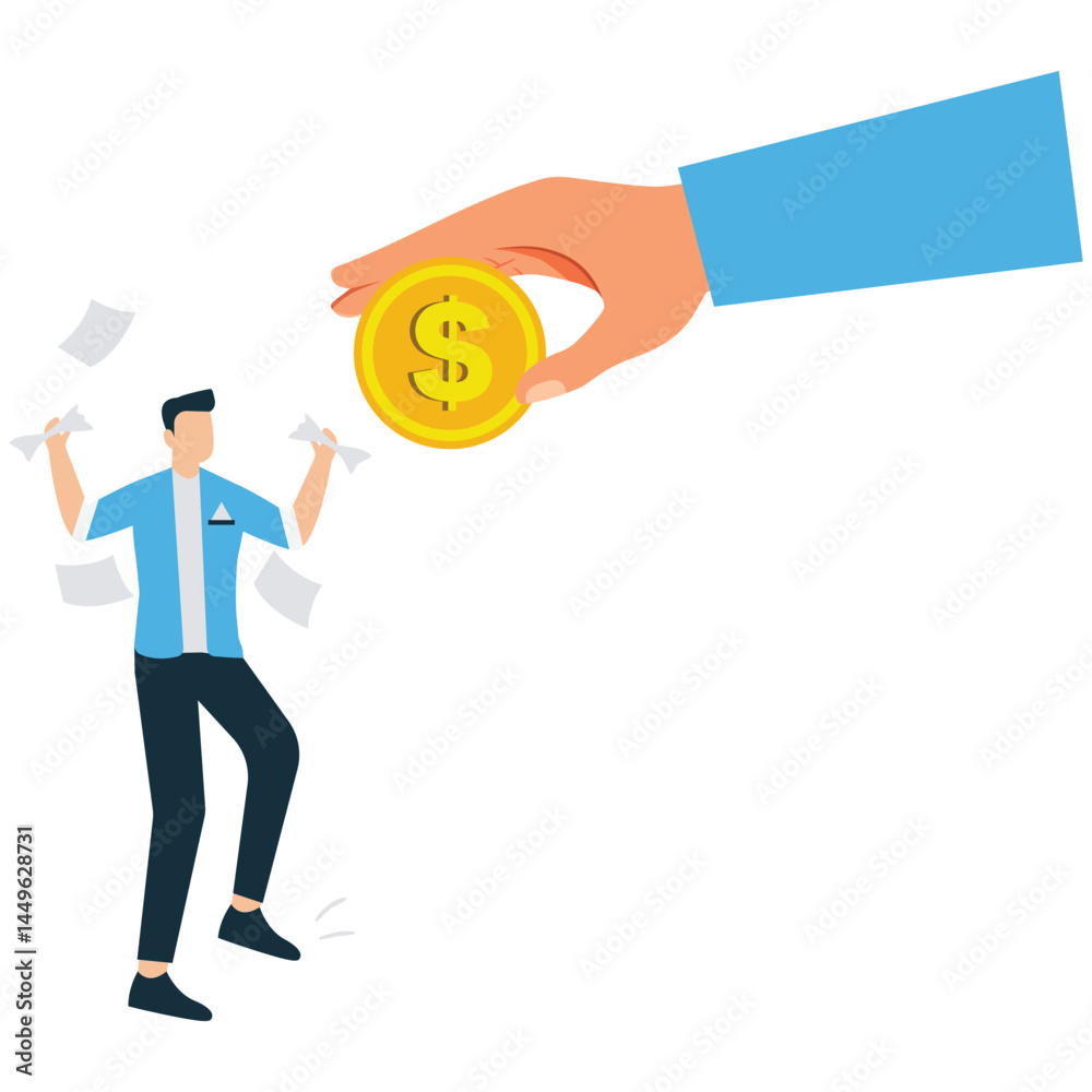 Businessman hand money to happy employee symbolizing salary payment and employee benefit Businessman hand money to happy employee symbolizing salary payment and employee benefit