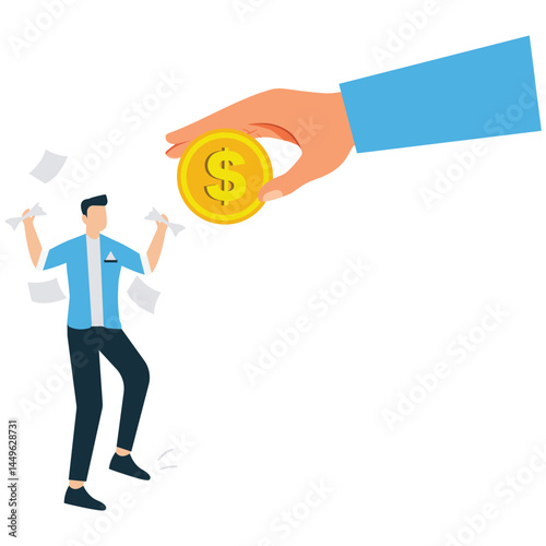 Businessman hand money to happy employee symbolizing salary payment and employee benefit
