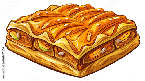 Flaky, honey-soaked baklava, rich with nuts.
A timeless dessert glowing in golden hues.
Presented simply on white for visual clarity.
Perfect for cafe menus and bakery vectors.