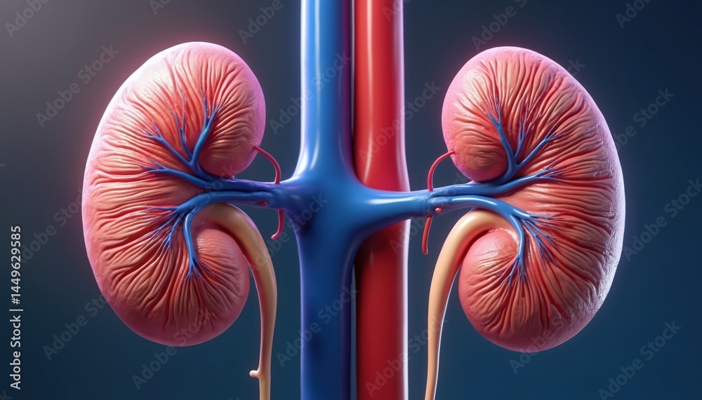 Realistic 3D medical illustration of human kidneys. Detailed anatomical view shows renal system with blood vessels. Healthy kidneys, nephrons, bladder, veins, arteries. Educational, medical