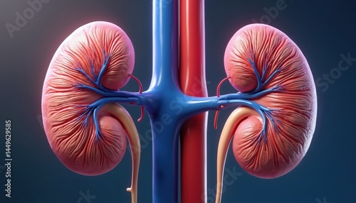 Obraz na płótnie Realistic 3D medical illustration of human kidneys. Detailed anatomical view shows renal system with blood vessels. Healthy kidneys, nephrons, bladder, veins, arteries. Educational, medical w salonie