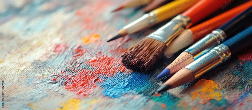 Fototapeta premium Colorful art supplies resting on a vibrant artist's palette.