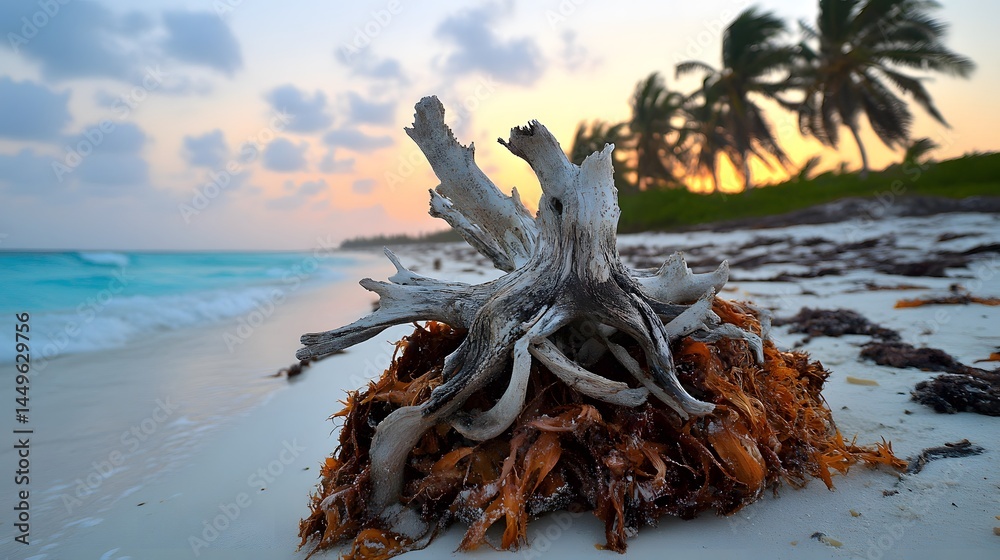 Fototapeta premium Sunrise Beach Scene Driftwood Seaweed Palm Trees