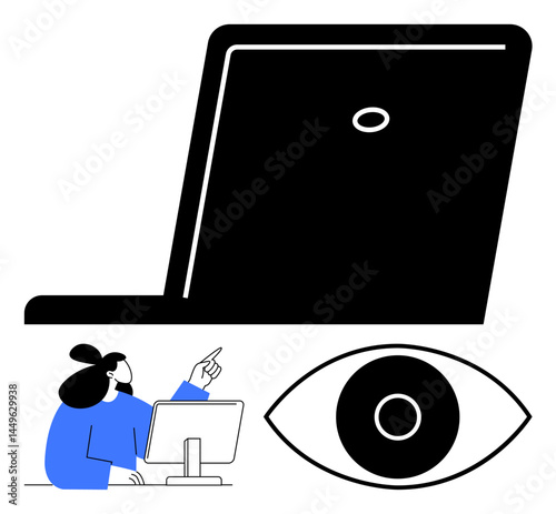 Woman pointing at monitor, enormous laptop icon, and eye symbol indicating observation or focus. Ideal for technology, productivity, surveillance, privacy, work-life balance, education simple