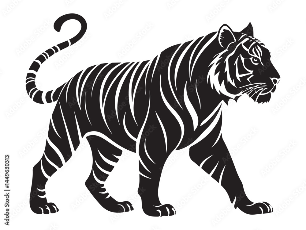 Fototapeta premium Side view, profile of a tiger standing, isolated on white