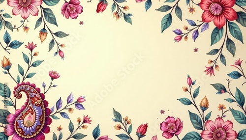 Classic paisley wallpaper, muted tones on cream backdrop, print, retro