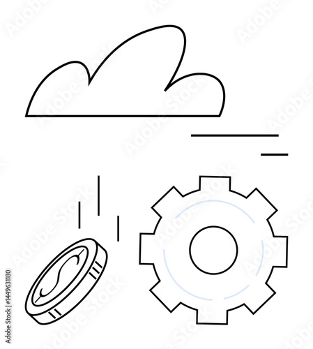 Cloud shape, coin dropping, and gear symbolize digital transformation, financial technology, automation, and business efficiency. Ideal for technology, economy, finance collaboration innovation