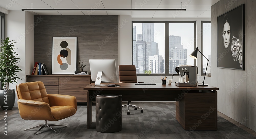 Fototapeta premium A sophisticated office boasts a large desk, leather chair, modern art, and a stunning cityscape visible through expansive windows.