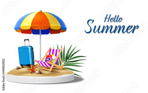 beach umbrella,travel luggage,beach chair,other summer objects and sand pile on the white podium. hello summer vacation background and business banner design clip art element vector illustration.