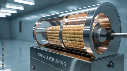 Capsule polishing machine in pharma production line processing yellow capsules in clean industrial environment with modern equipment