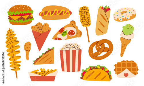 Fast food set. French fries, hamburger, hot dog, popcorn, shawarma, chips, pizza, donut etc. Vector illustration of takeaway street food. Hand drawn illustration flat doodle style for menu ,banner