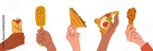 Hands holding fast food items on white background. Vector illustration hand drawn flat street food illustration for banner , menu or poster card food design .