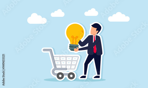 Businessman holding a lamp and intending to place it into a basket, illustration of finding the right idea inspiration