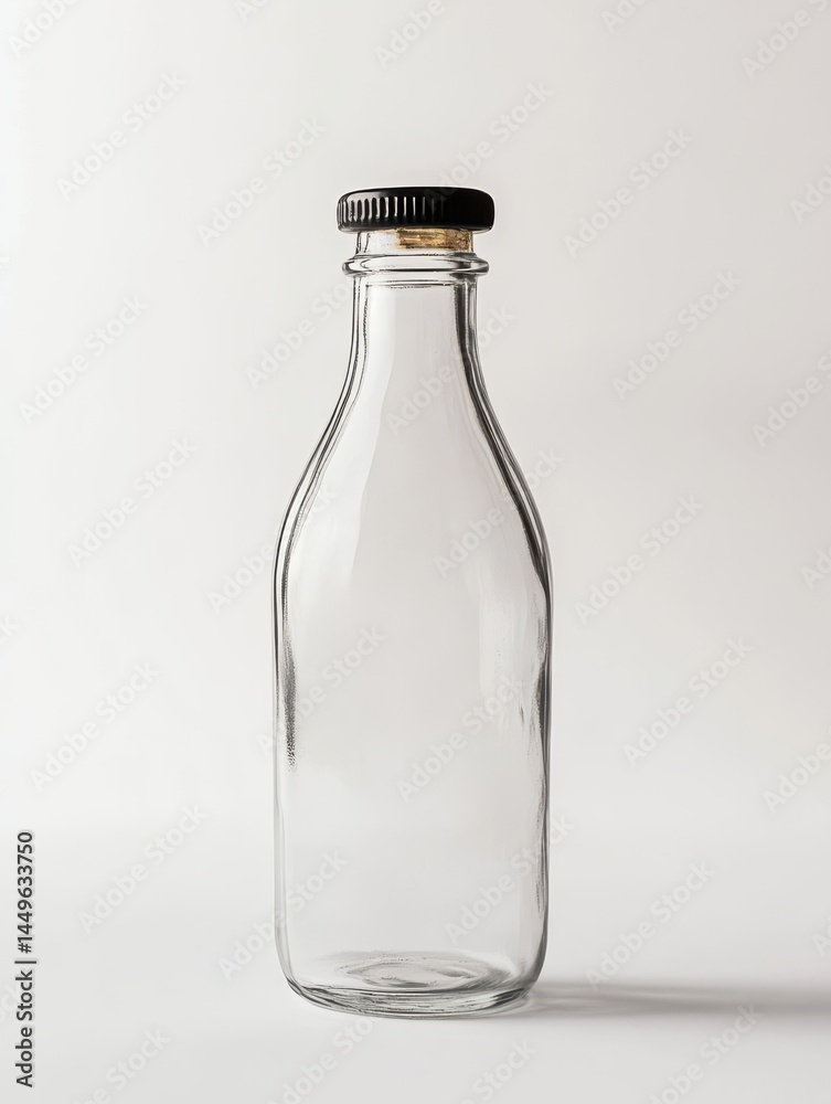 Empty Clear Glass Bottle with Black Cap on White Background Empty Clear Glass Bottle with Black Cap on White Background
