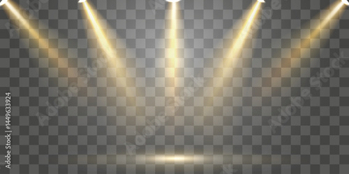 Vector spotlights png, studio lighting, light beams and transparent light effect. Golden light source. Bright lighting with spotlights. Vector isolated on transparent background.