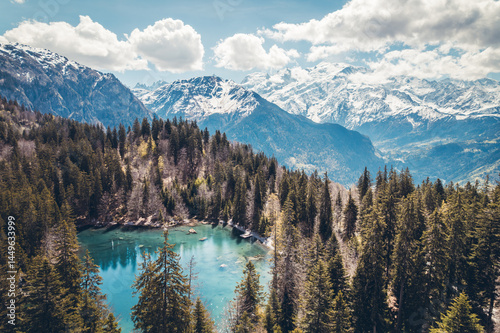 Sightseeing tour of the green lake of Passy and Chamonix, Mont Blanc, drone view, in Haute-Savoie, France
