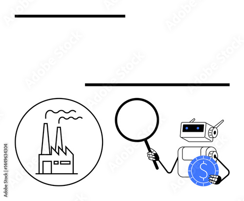 Robot holding magnifying glass and dollar coin with factory icon representing industrial analysis and financial evaluation. Ideal for automation, robotics, industry, economy, data analysis, AI