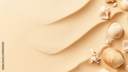 Minimalist beach sand texture with small seashells, neutral beige gradient. 