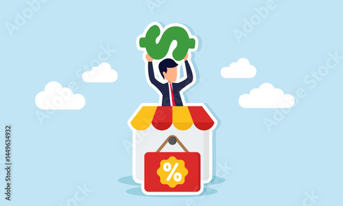 Businessman holding a dollar sign emerging from behind a store with a percentage label tag, illustration of business strategy for shopping discounts