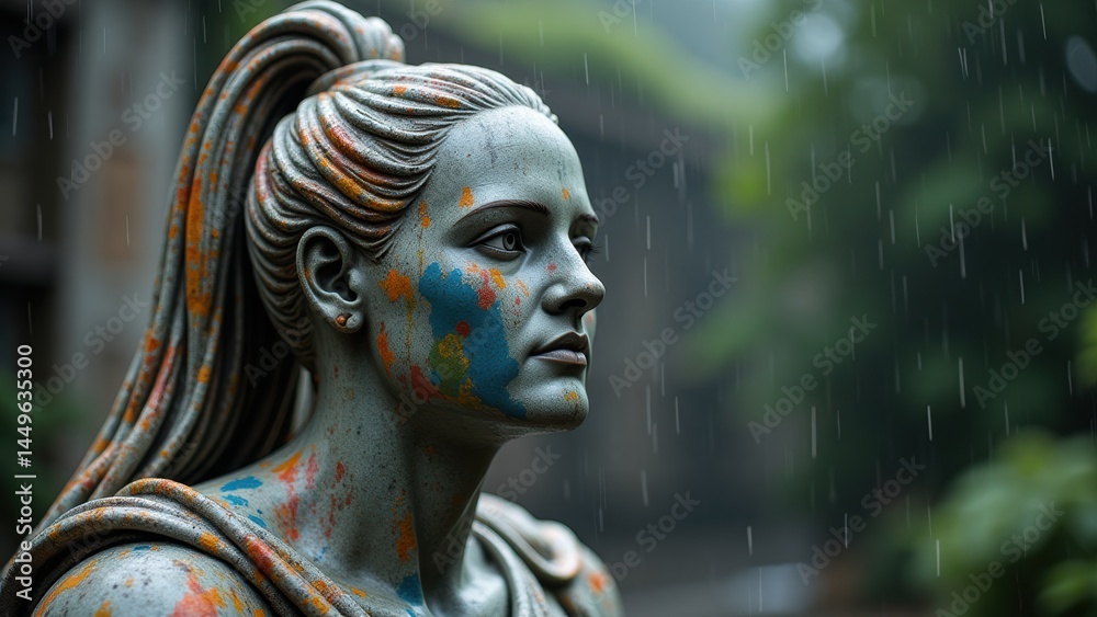 Statue of a Woman with Paint Splatters in a Rainy Garden, Art, Sculpture, Outdoor Decor Statue of a Woman with Paint Splatters in a Rainy Garden, Art, Sculpture, Outdoor Decor