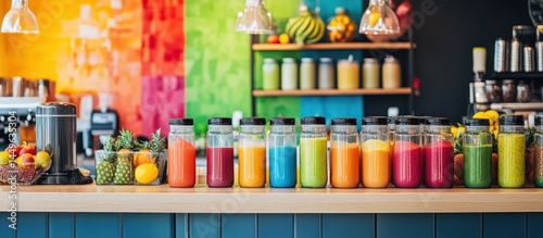 Colorful smoothie drinks displayed on a bar counter in a vibrant juice shop.