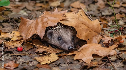 Hedgehog hiding beneath autumn leaves with only nose visible. Forest floor detail, cozy composition, playful mystery.


