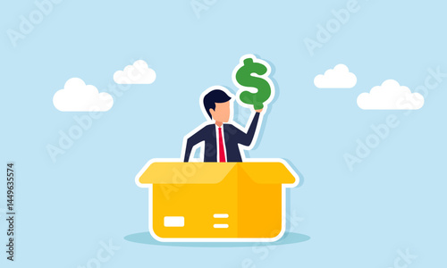 Businessman carrying a dollar sign emerging from a package box, illustration of receiving funding from investors