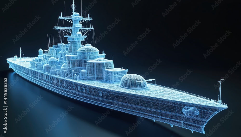 Detailed wireframe illustration of modern military warship. Technical design highlights structural engineering combat features. Naval architecture, technology, surveillance and warfare concept.