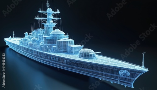 Obraz na płótnie Detailed wireframe illustration of modern military warship. Technical design highlights structural engineering combat features. Naval architecture, technology, surveillance and warfare concept. w salonie