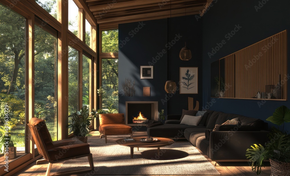 Modern living room with large windows showcasing a lush outdoor setting. Warm, natural tones, and a cozy atmosphere are prominent Modern living room with large windows showcasing a lush outdoor setting. Warm, natural tones, and a cozy atmosphere are prominent