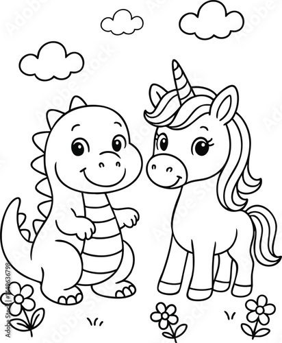 cute cartoon illustration of a smiling dinosaur and a unicorn standing together with flowers and clouds in the background Coloring book design 